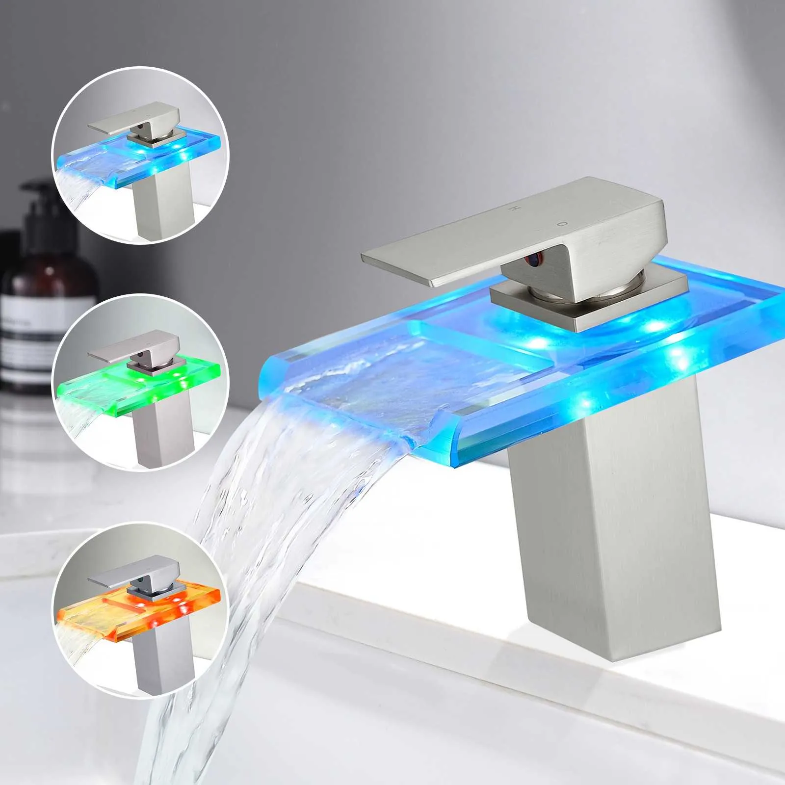 LED Single Handle Glass Waterfall Spout Faucet, 3 Color Changing & Temperature Control