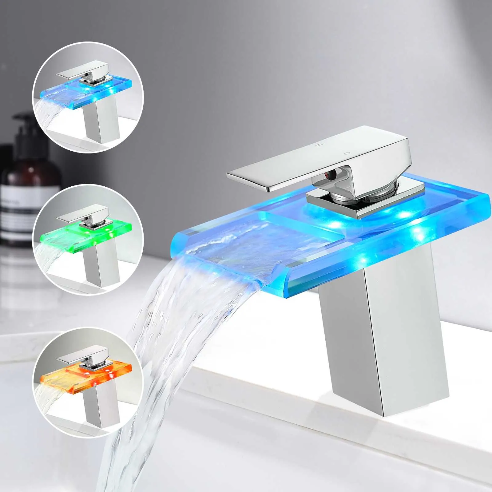 LED Single Handle Glass Waterfall Spout Faucet, 3 Color Changing & Temperature Control