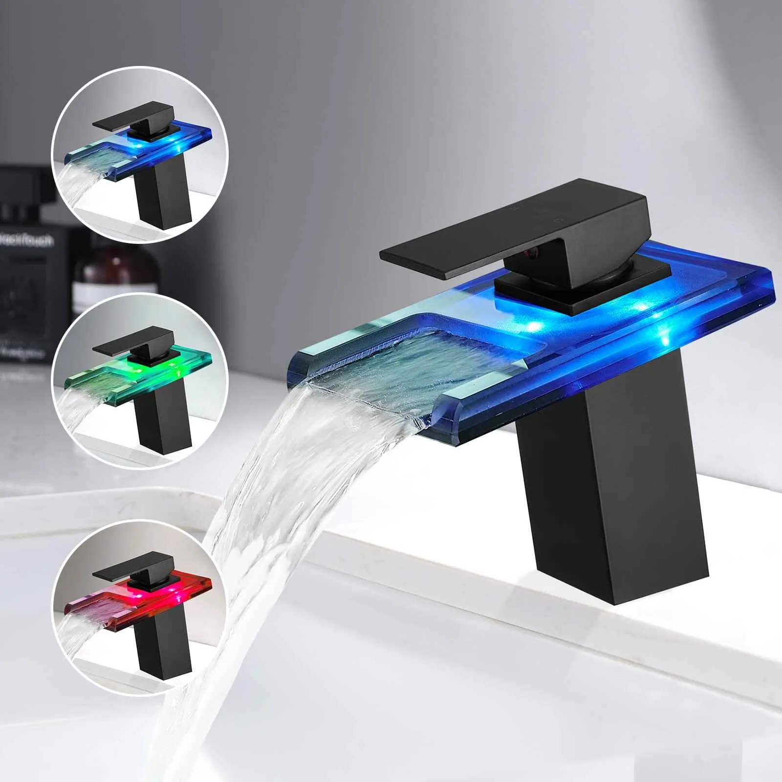 LED Single Handle Glass Waterfall Spout Faucet, 3 Color Changing & Temperature Control