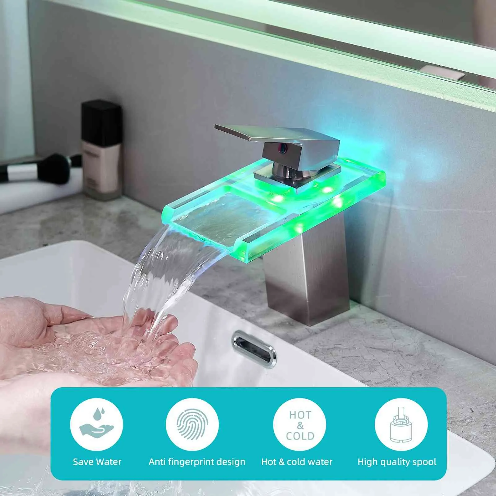 LED Single Handle Glass Waterfall Spout Faucet, 3 Color Changing & Temperature Control