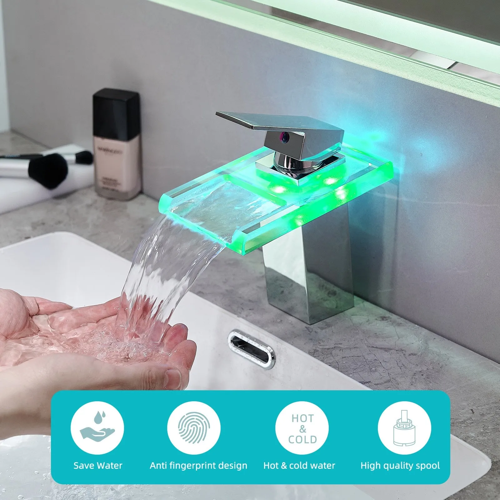 LED Single Handle Glass Waterfall Spout Faucet, 3 Color Changing & Temperature Control