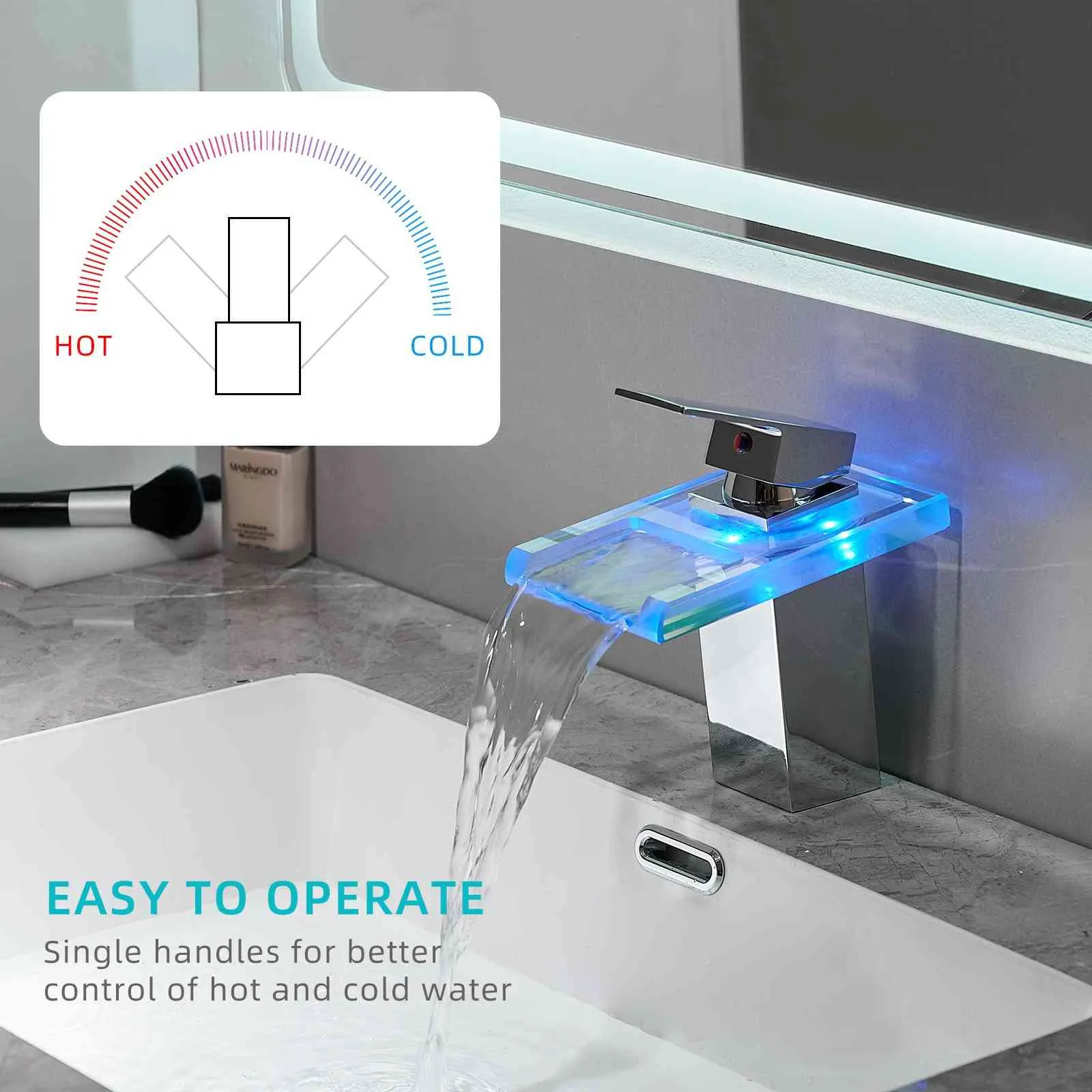 LED Single Handle Glass Waterfall Spout Faucet, 3 Color Changing & Temperature Control