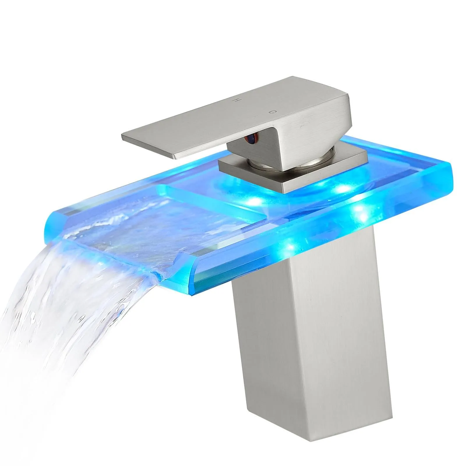 LED Single Handle Glass Waterfall Spout Faucet, 3 Color Changing & Temperature Control