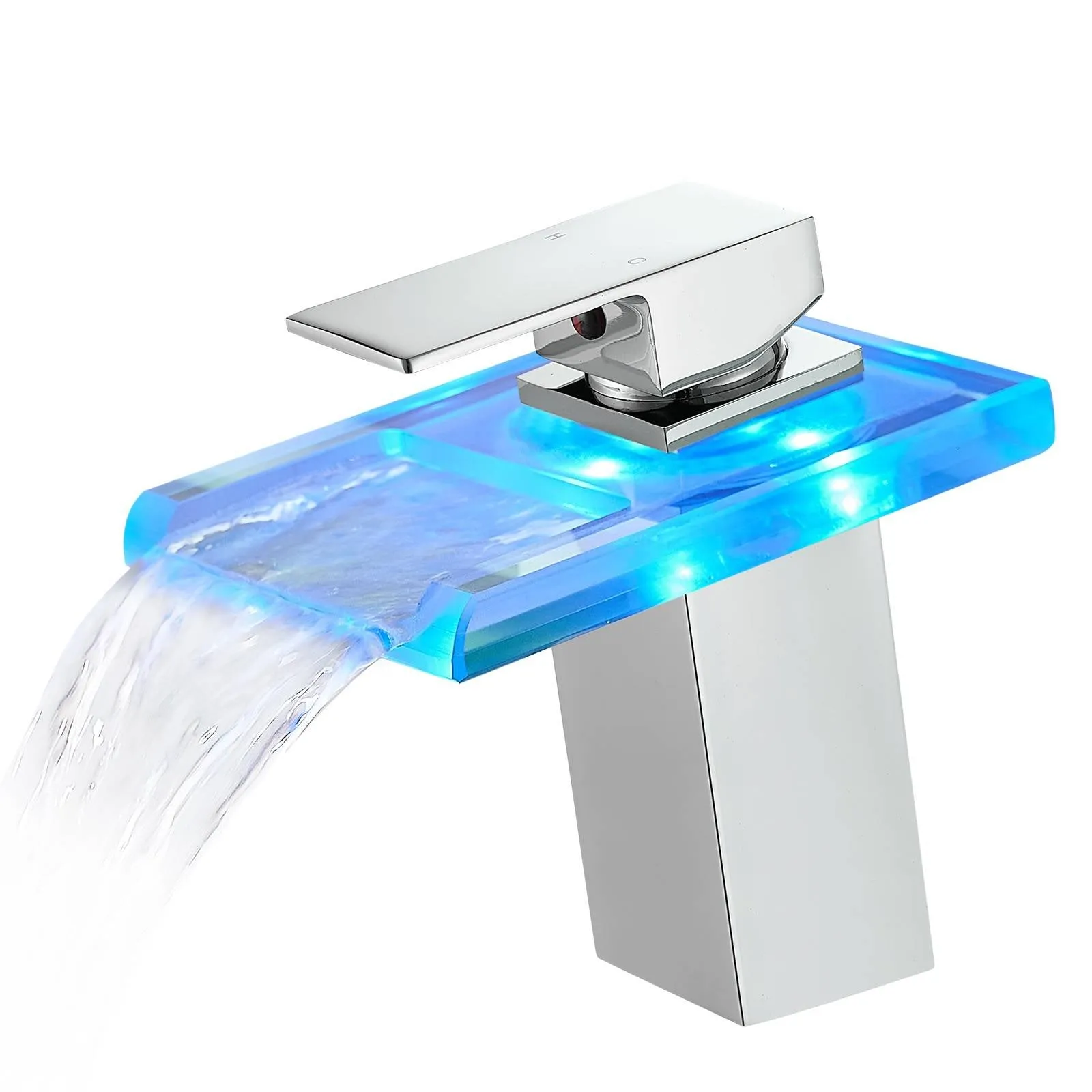 LED Single Handle Glass Waterfall Spout Faucet, 3 Color Changing & Temperature Control