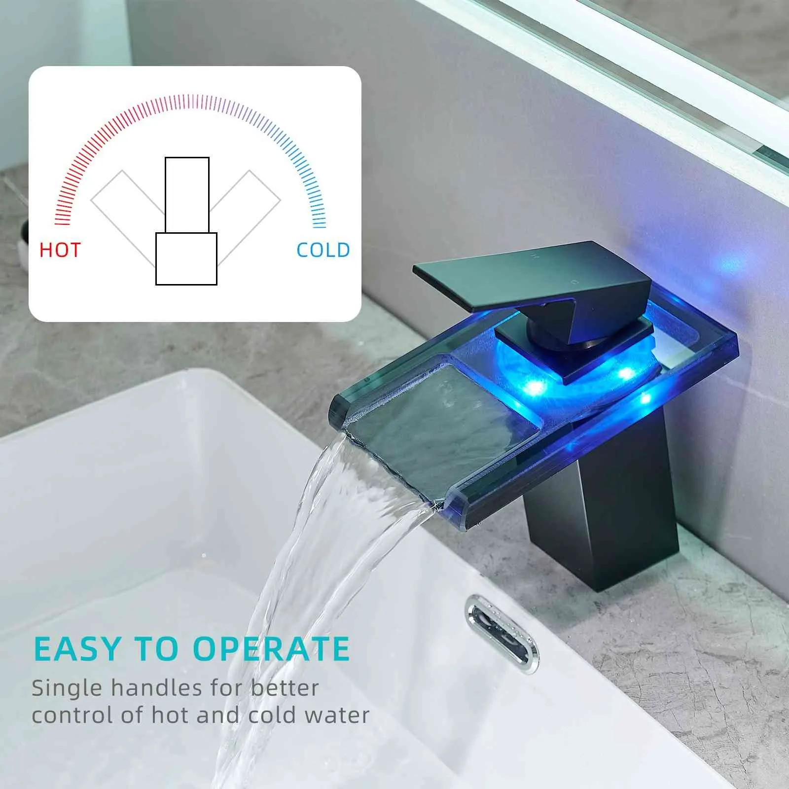 LED Single Handle Glass Waterfall Spout Faucet, 3 Color Changing & Temperature Control