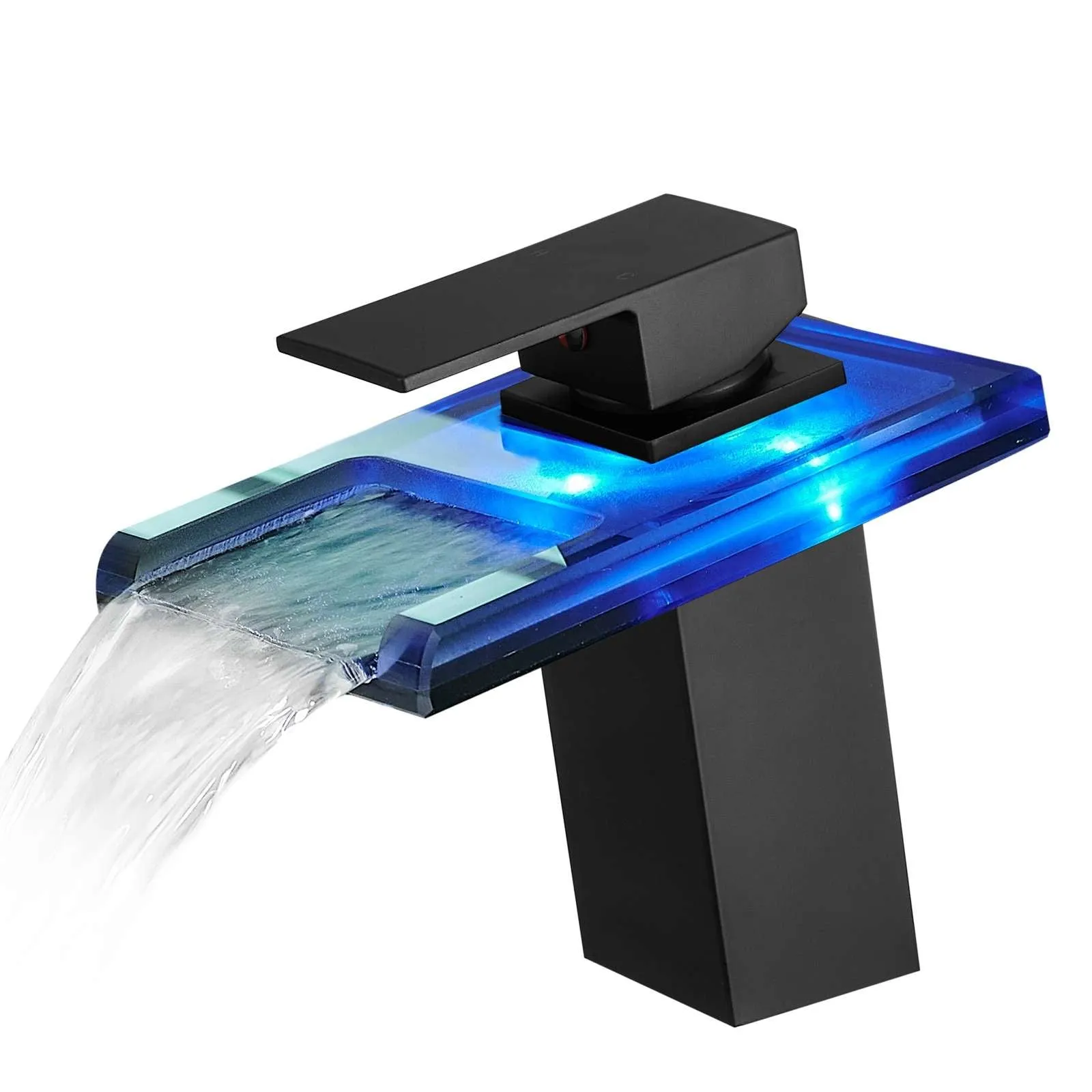 LED Single Handle Glass Waterfall Spout Faucet, 3 Color Changing & Temperature Control