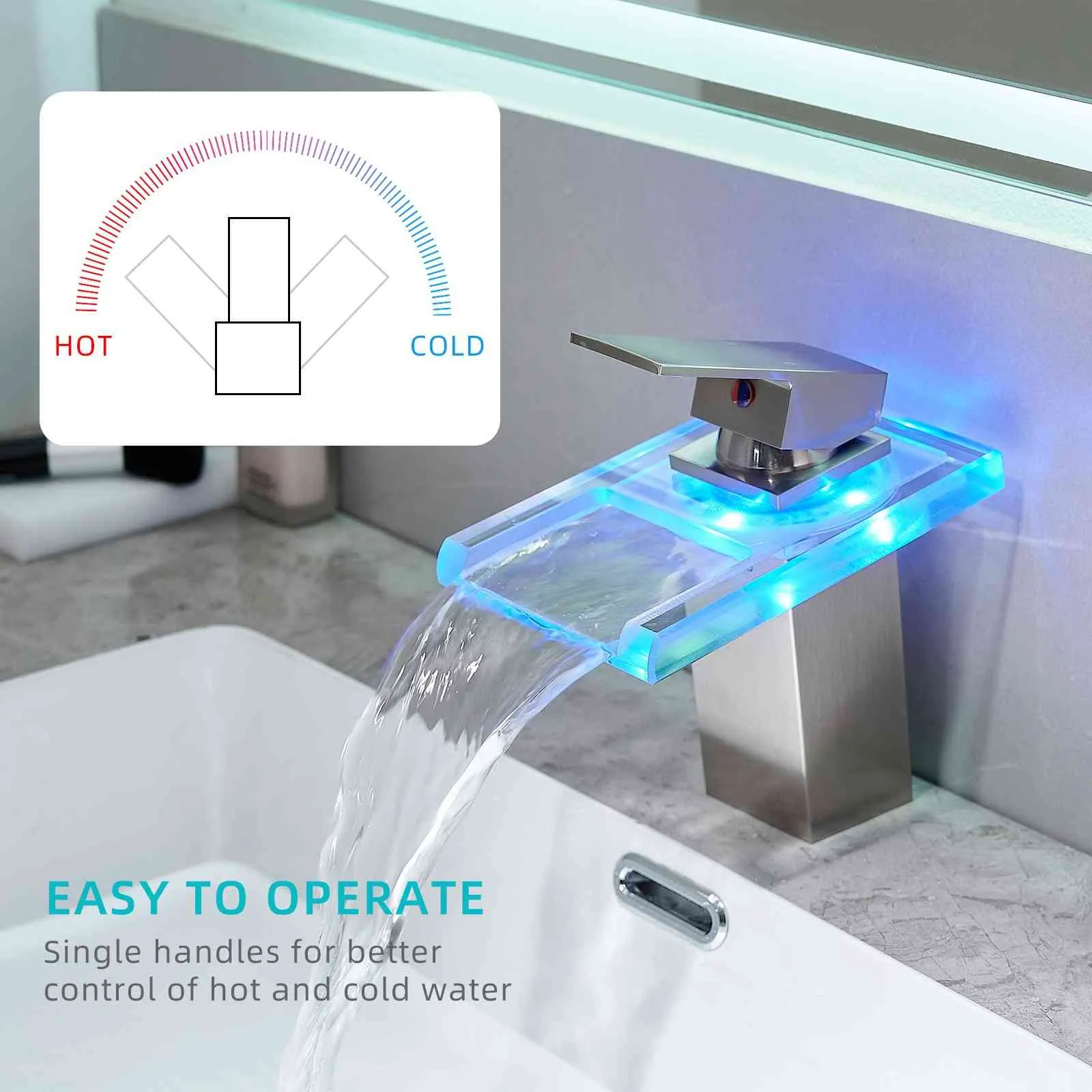 LED Single Handle Glass Waterfall Spout Faucet, 3 Color Changing & Temperature Control