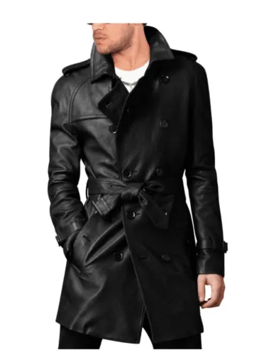 MEN'S SIDRAH STYLISH BELTED BLACK LONG COAT, LEATHER TRENCH COAT, PEA COAT-BNWT