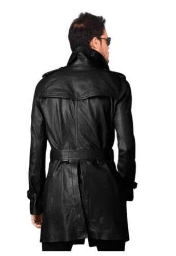 MEN'S SIDRAH STYLISH BELTED BLACK LONG COAT, LEATHER TRENCH COAT, PEA COAT-BNWT